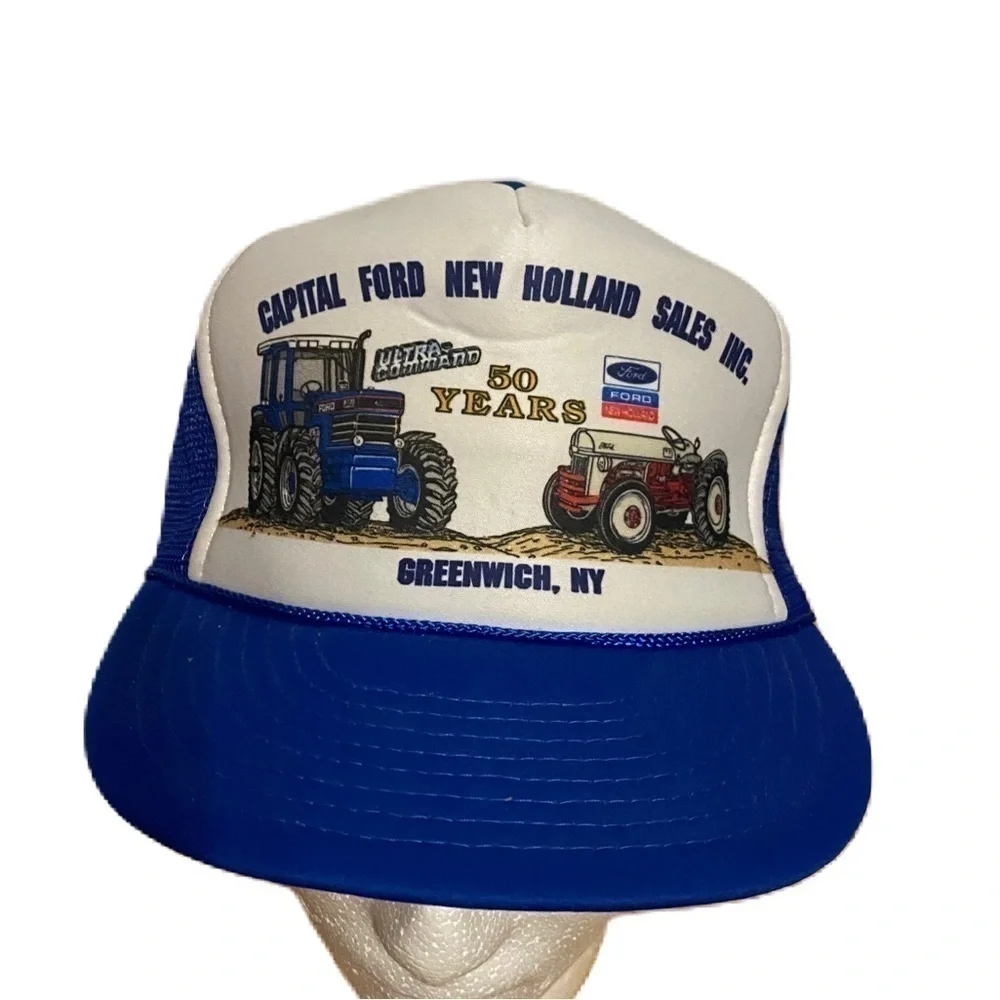 Vintage Ford New Holland Tractor Puffy Trucker Hat SnapBack Mesh Blue White